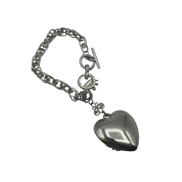 Oxidized Heart Charm Toggle Bracelet With Ornate Crown Design Crystal Accents - Picture 3 of 4